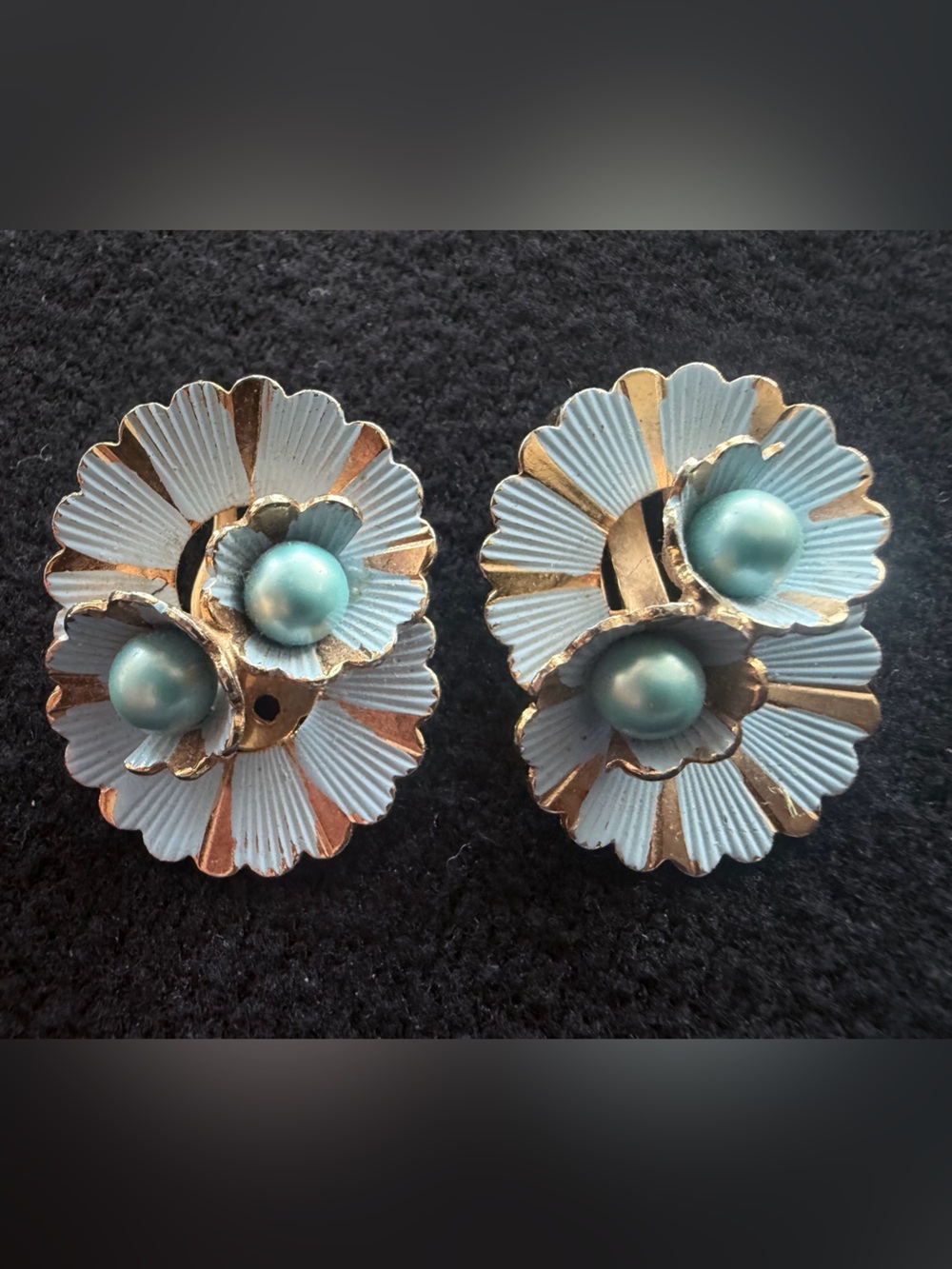 Vintage Blue Flower Clip-On Earrings with Pearlescent Centers